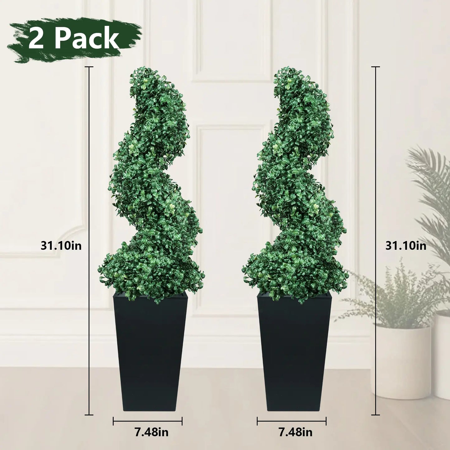 2 Pack Artificial Boxwood Spiral Plants, Black Pots for Porch & Garage (Mother's Day Gift)