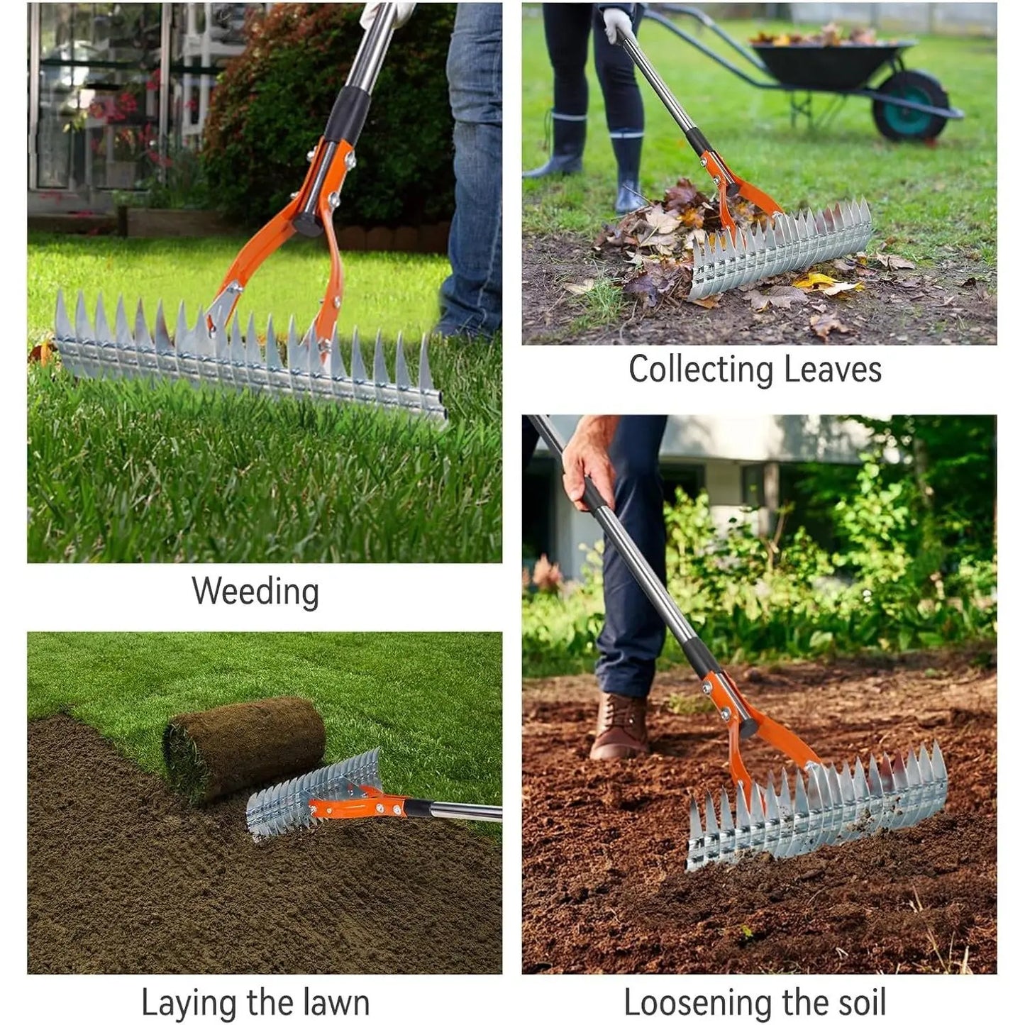 15" Heavy Duty Metal Thatch Rake, 5FT Adjustable Handle for Lawn Care