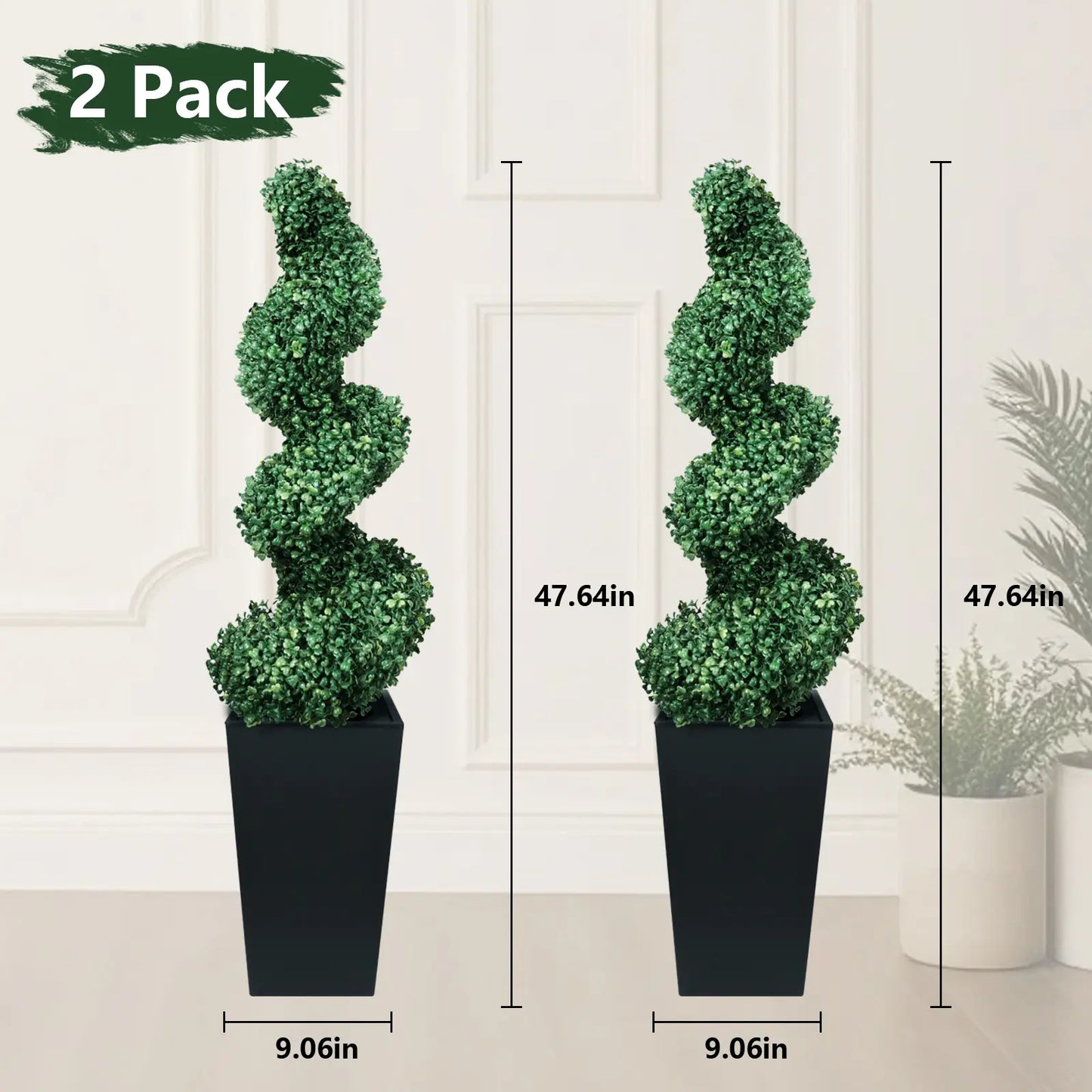 2 Pack Artificial Boxwood Spiral Plants, Black Pots for Porch & Garage (Mother's Day Gift)