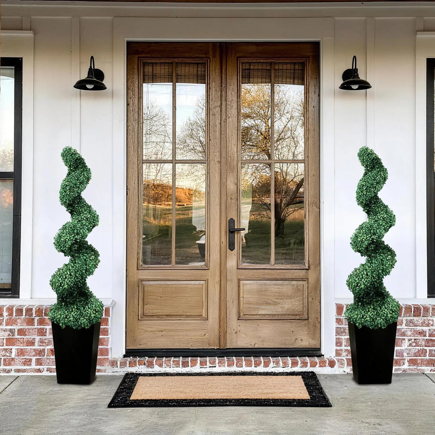2 Pack Artificial Boxwood Spiral Plants, Black Pots for Porch & Garage (Mother's Day Gift)