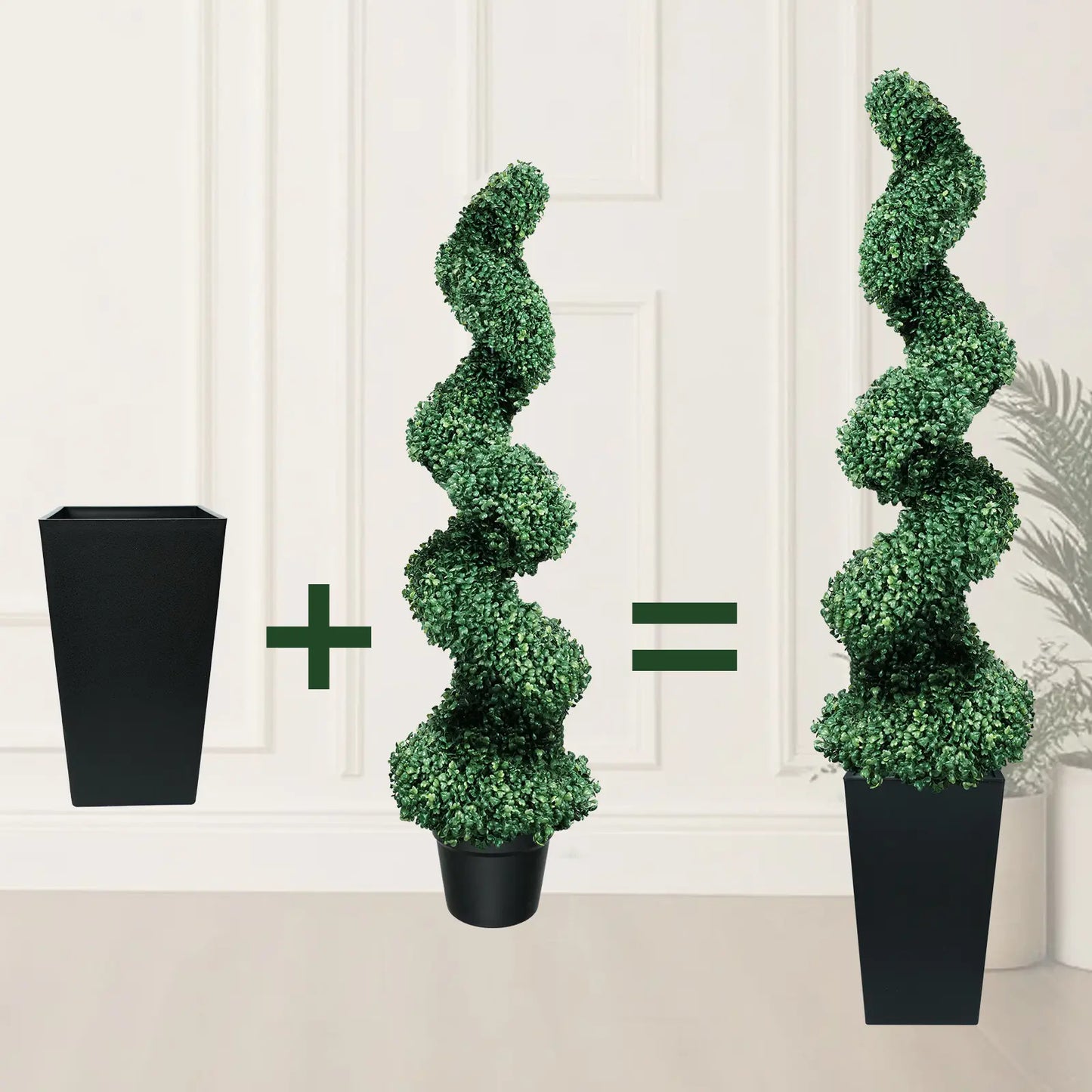 2 Pack Artificial Boxwood Spiral Plants, Black Pots for Porch & Garage (Mother's Day Gift)
