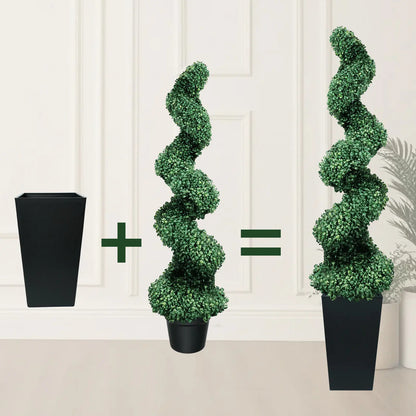 2 Pack Artificial Boxwood Spiral Plants, Black Pots for Porch & Garage (Mother's Day Gift)
