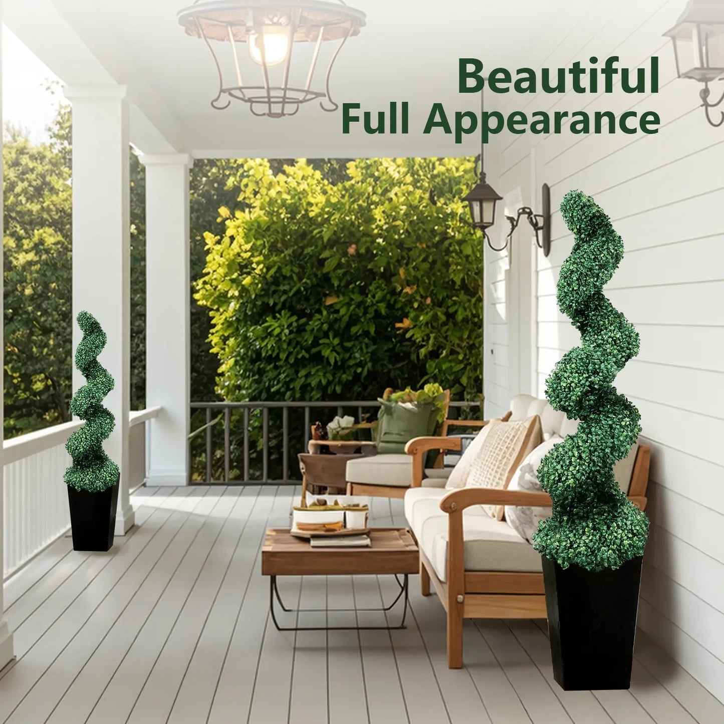 2 Pack Artificial Boxwood Spiral Plants, Black Pots for Porch & Garage (Mother's Day Gift)
