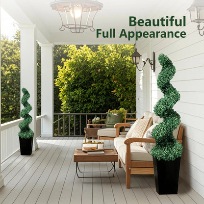 2 Pack Artificial Boxwood Spiral Plants, Black Pots for Porch & Garage (Mother's Day Gift)