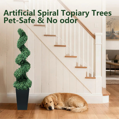 2 Pack Artificial Boxwood Spiral Plants, Black Pots for Porch & Garage (Mother's Day Gift)