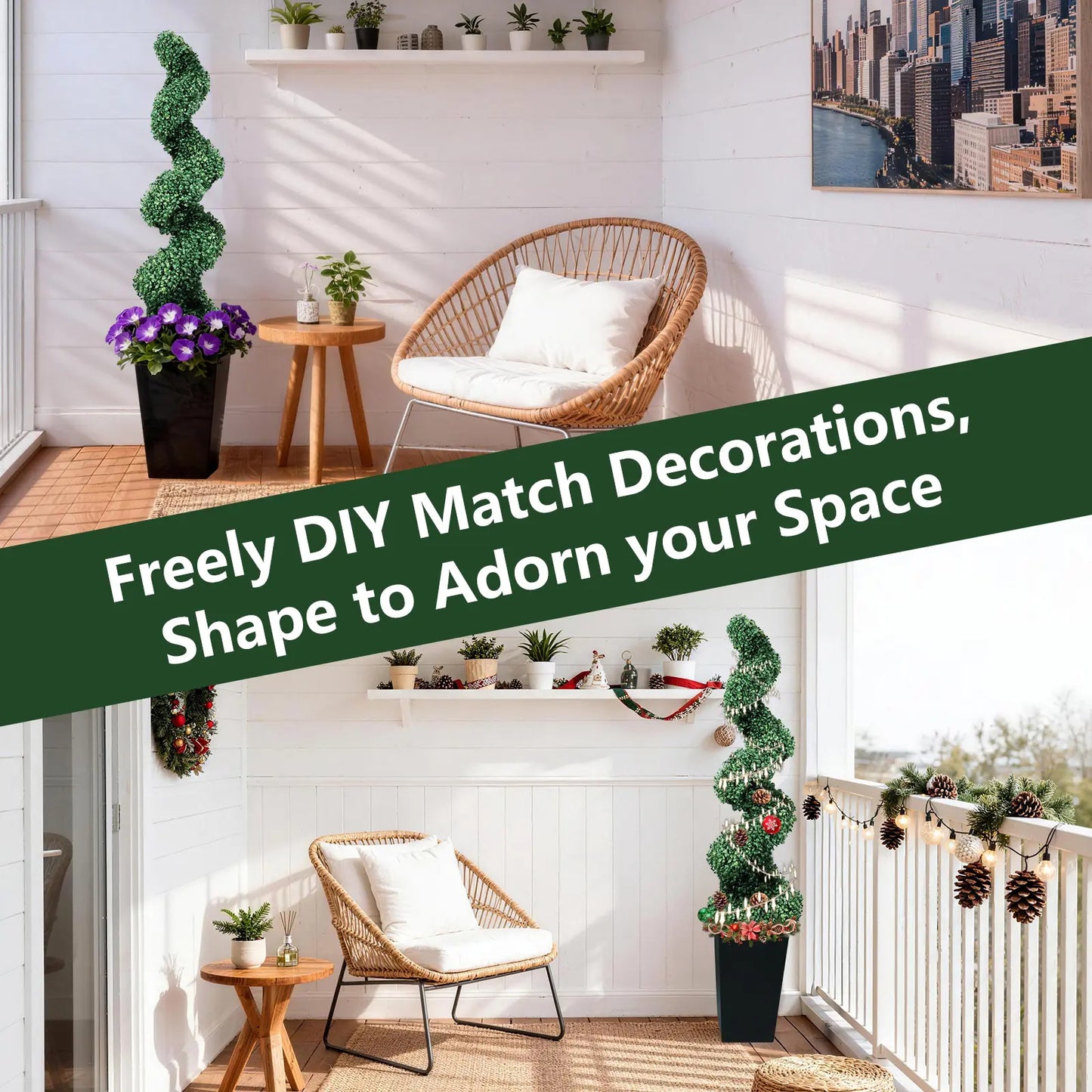 2 Pack Artificial Boxwood Spiral Plants, Black Pots for Porch & Garage (Mother's Day Gift)