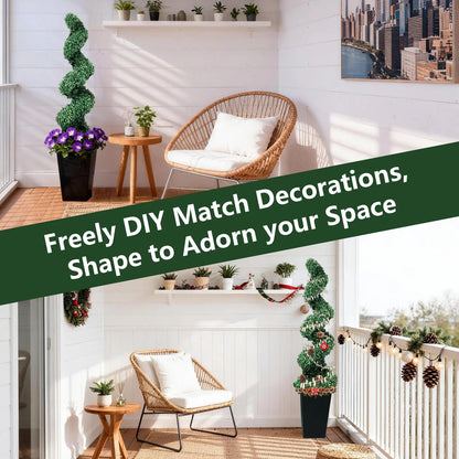 2 Pack Artificial Boxwood Spiral Plants, Black Pots for Porch & Garage (Mother's Day Gift)
