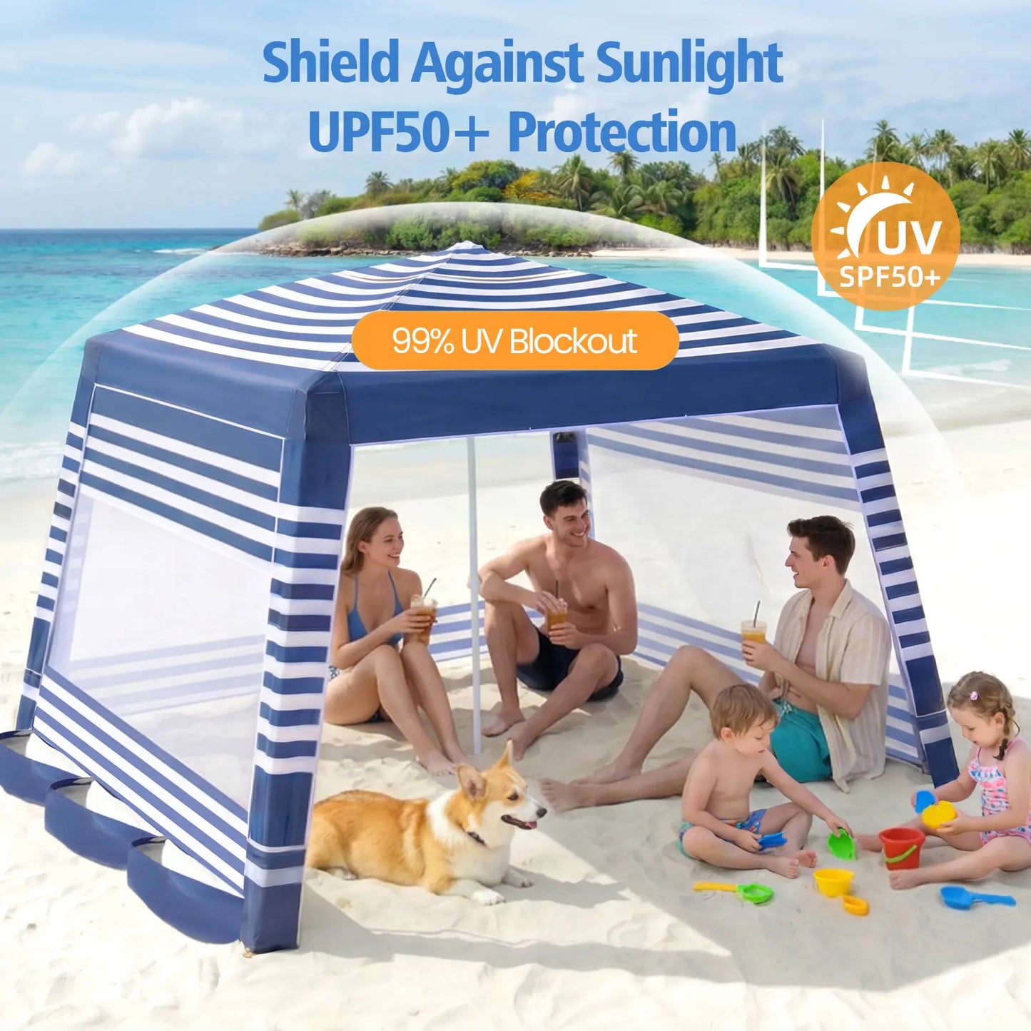 8×8FT Beach Tent UPF50+ Sun Shade, Wind Resistant Foldable Canopy