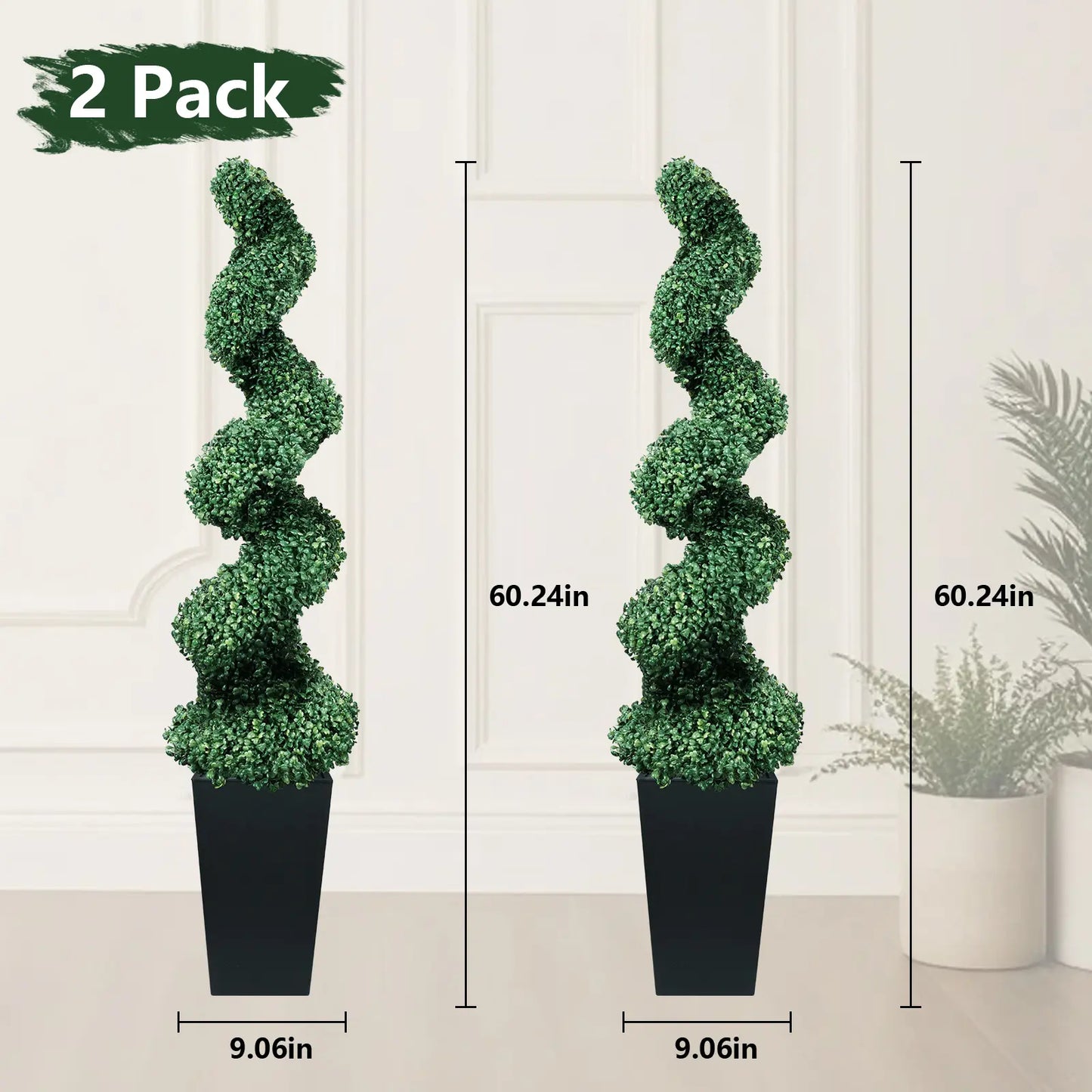 2 Pack Artificial Boxwood Spiral Plants, Black Pots for Porch & Garage (Mother's Day Gift)