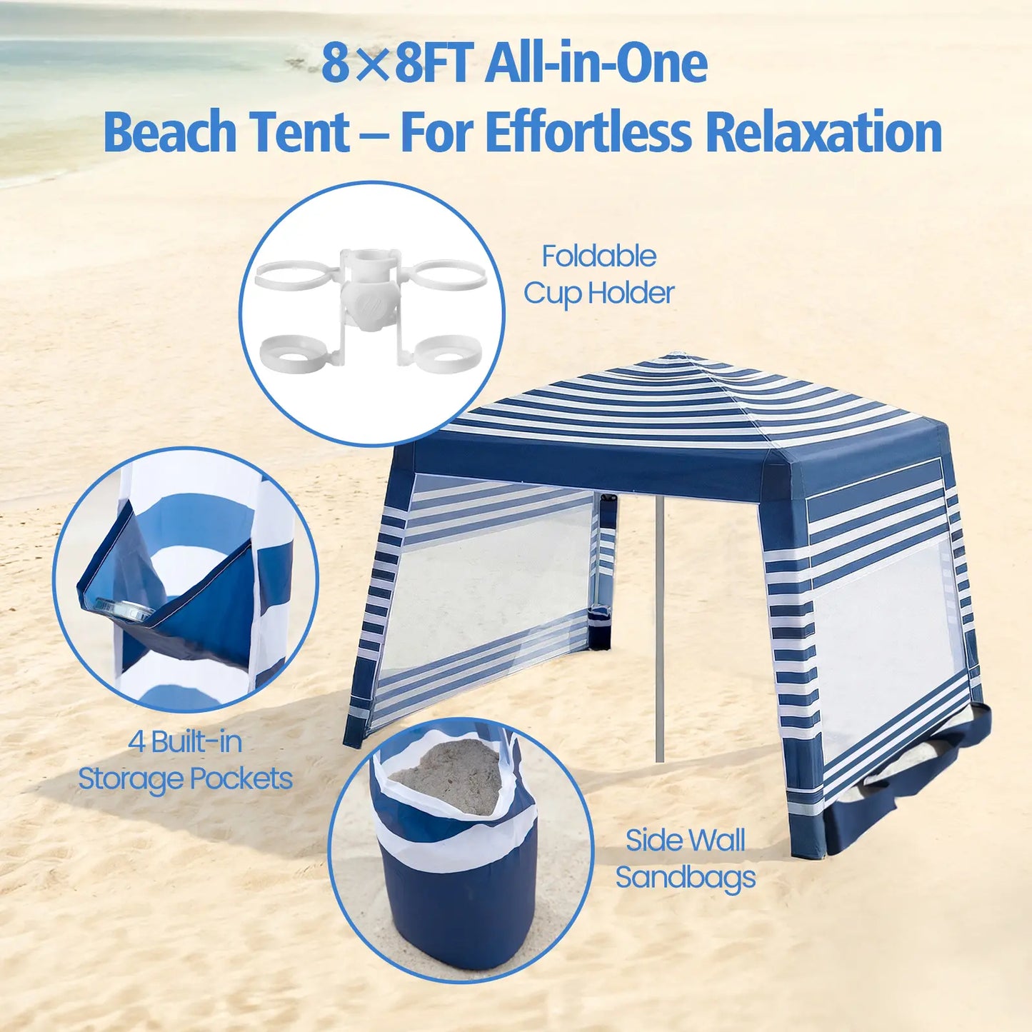 8×8FT Beach Tent UPF50+ Sun Shade, Wind Resistant Foldable Canopy