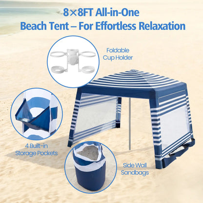 8×8FT Beach Tent UPF50+ Sun Shade, Wind Resistant Foldable Canopy