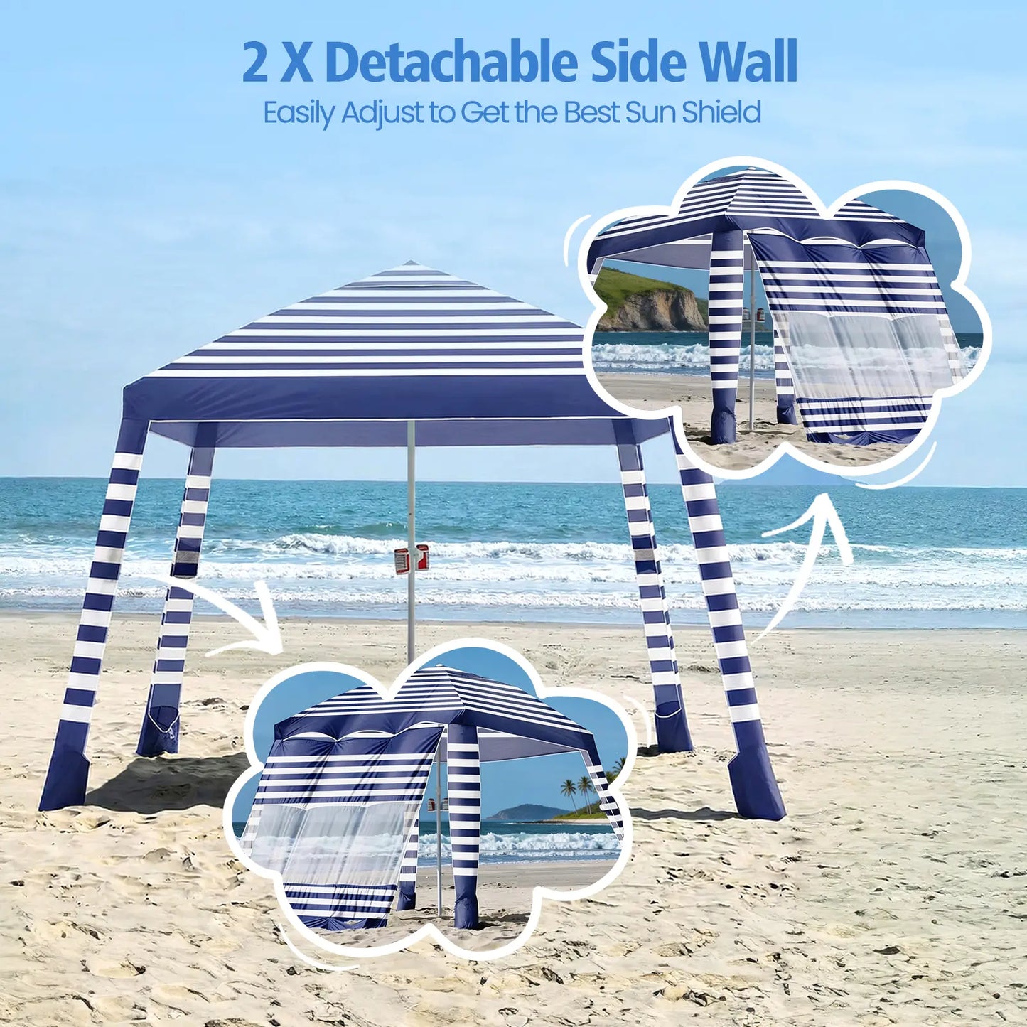 8×8FT Beach Tent UPF50+ Sun Shade, Wind Resistant Foldable Canopy