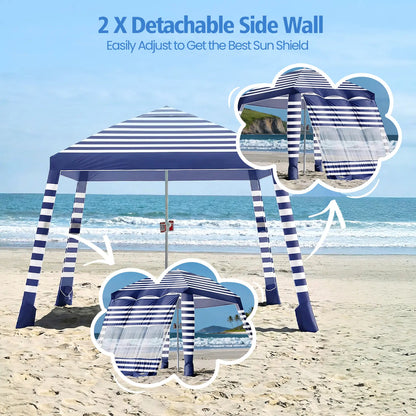 8×8FT Beach Tent UPF50+ Sun Shade, Wind Resistant Foldable Canopy