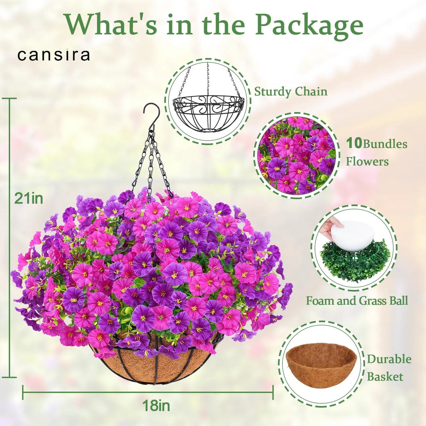 UV Resistant Artificial Hanging Flower Basket for Outdoor Decor