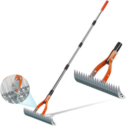 15" Heavy Duty Metal Thatch Rake, 5FT Adjustable Handle for Lawn Care