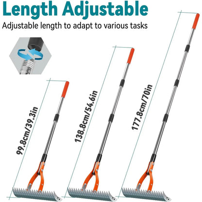 15" Heavy Duty Metal Thatch Rake, 5FT Adjustable Handle for Lawn Care