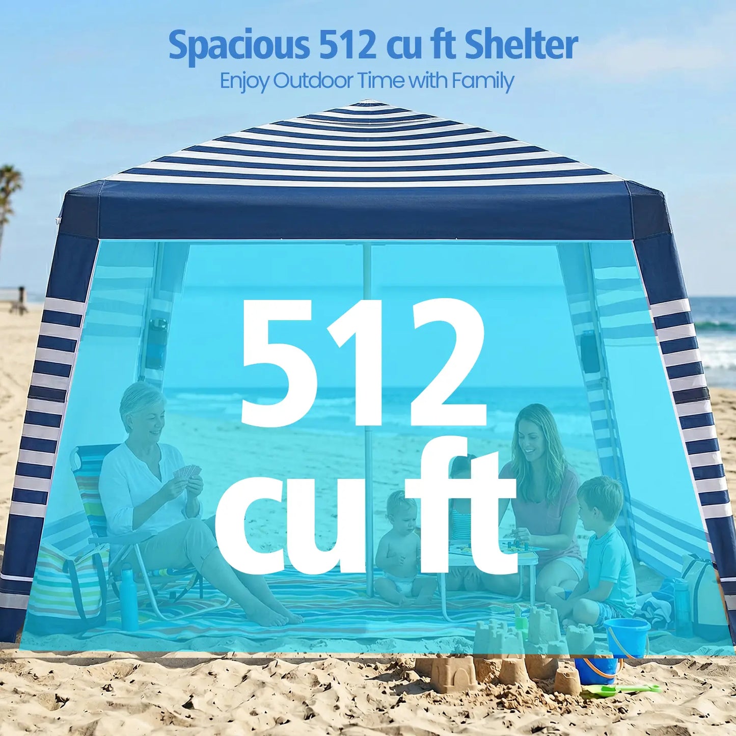 8×8FT Beach Tent UPF50+ Sun Shade, Wind Resistant Foldable Canopy