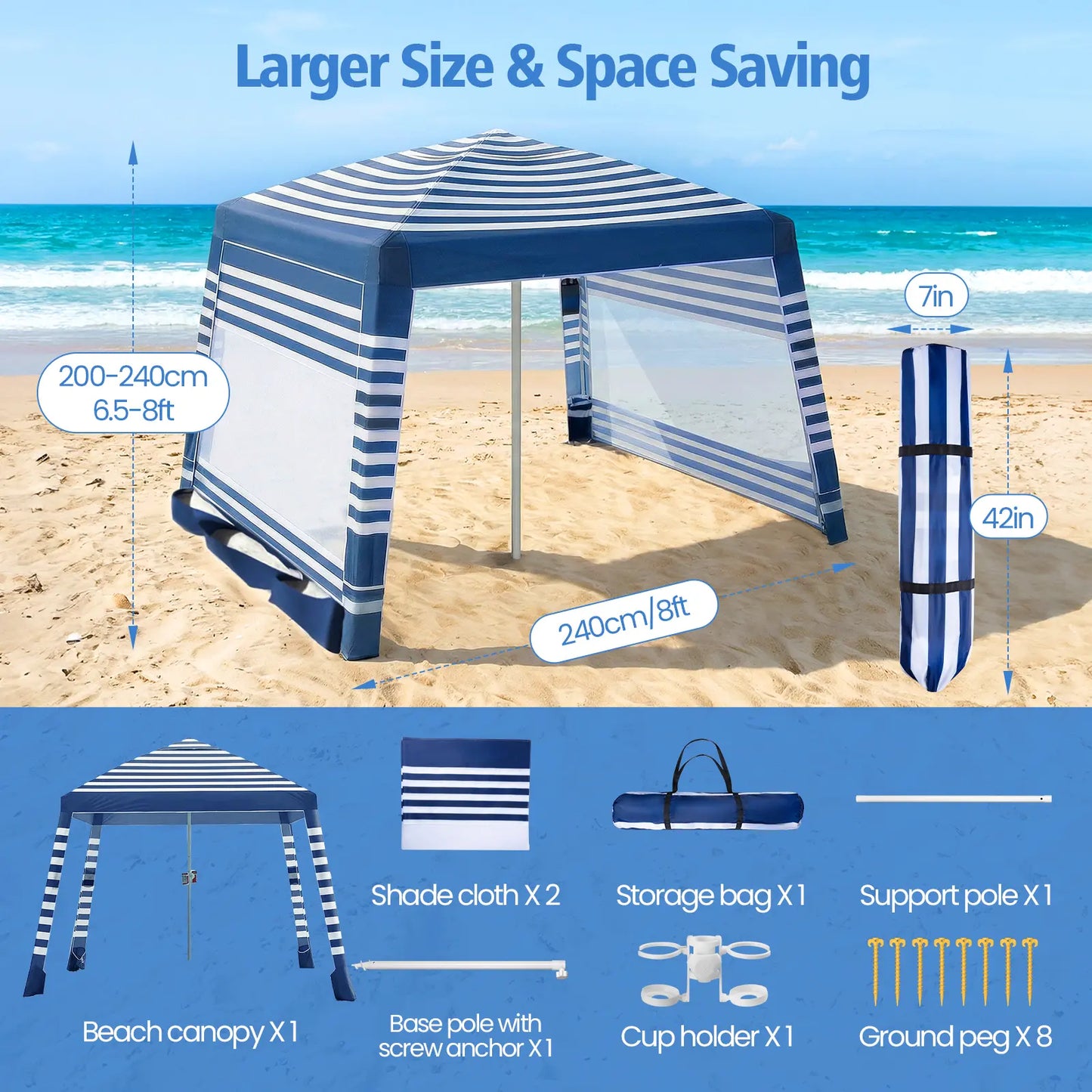 8×8FT Beach Tent UPF50+ Sun Shade, Wind Resistant Foldable Canopy